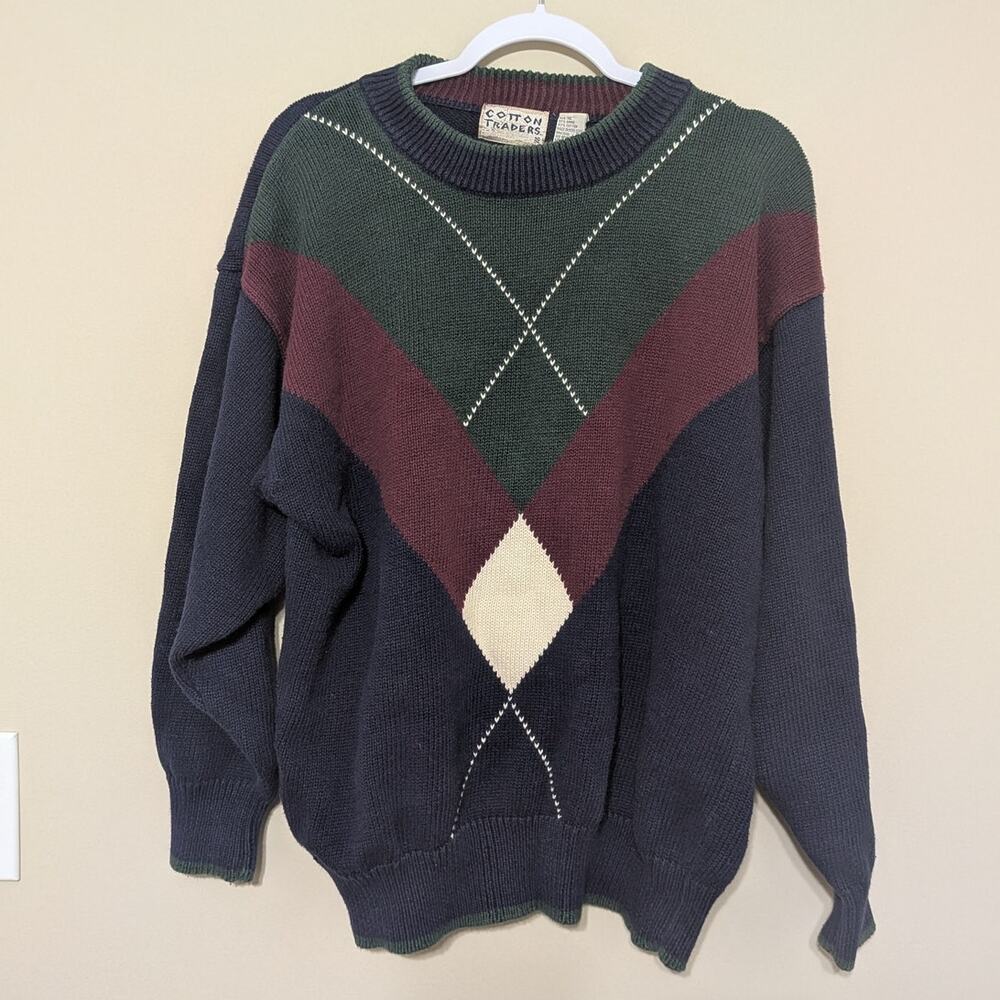 Cotton Traders Argyle 90s Style Chunky Knit Sweater